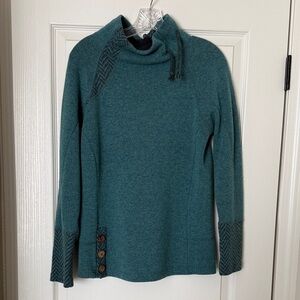 Prana Teal Cowl Neck Sweater with Button Accents